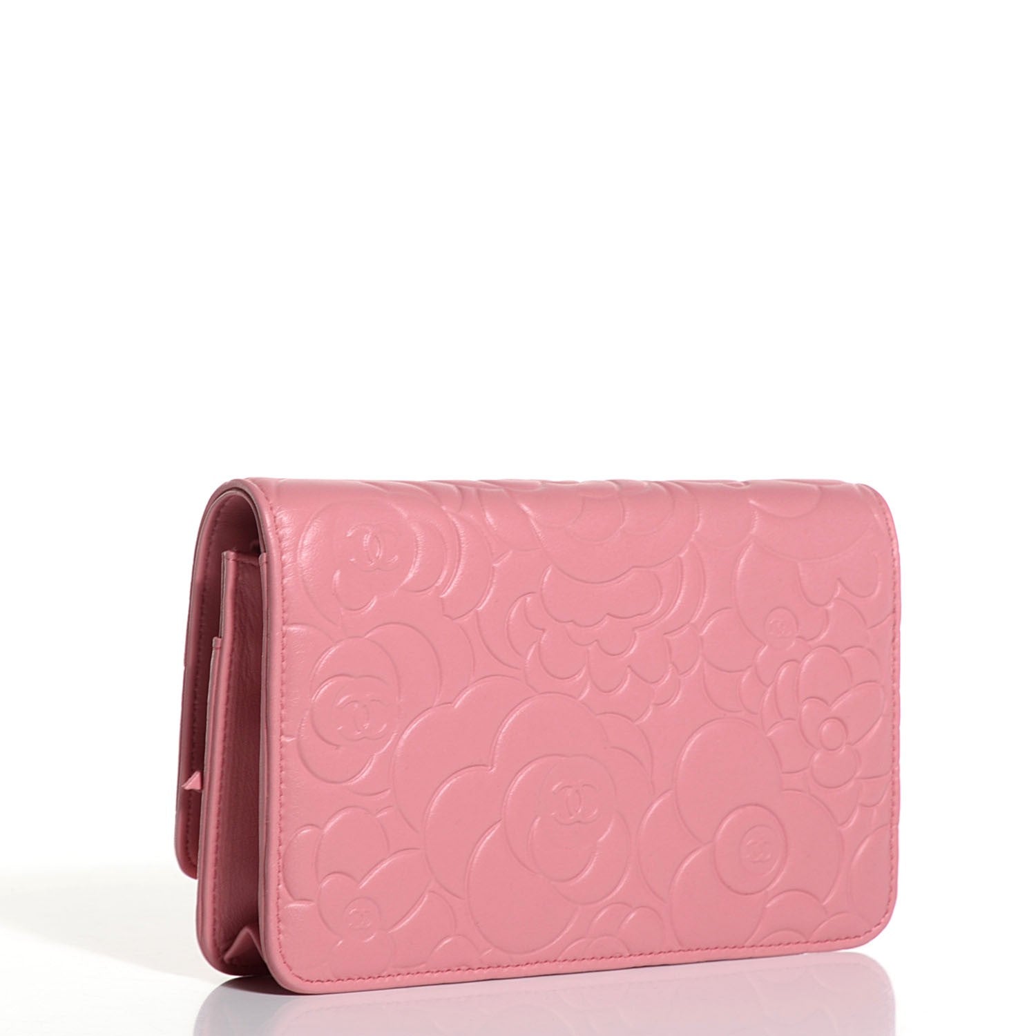 Chanel Lambskin Camellia Embossed Wallet on Chain WOC Pink 3 of 7