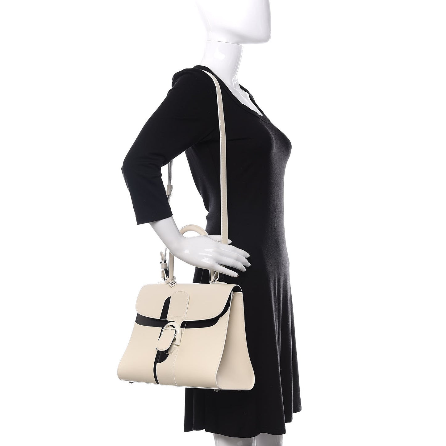 Box Calfskin Light And Shadow MM Brillant Satchel Ivory Black