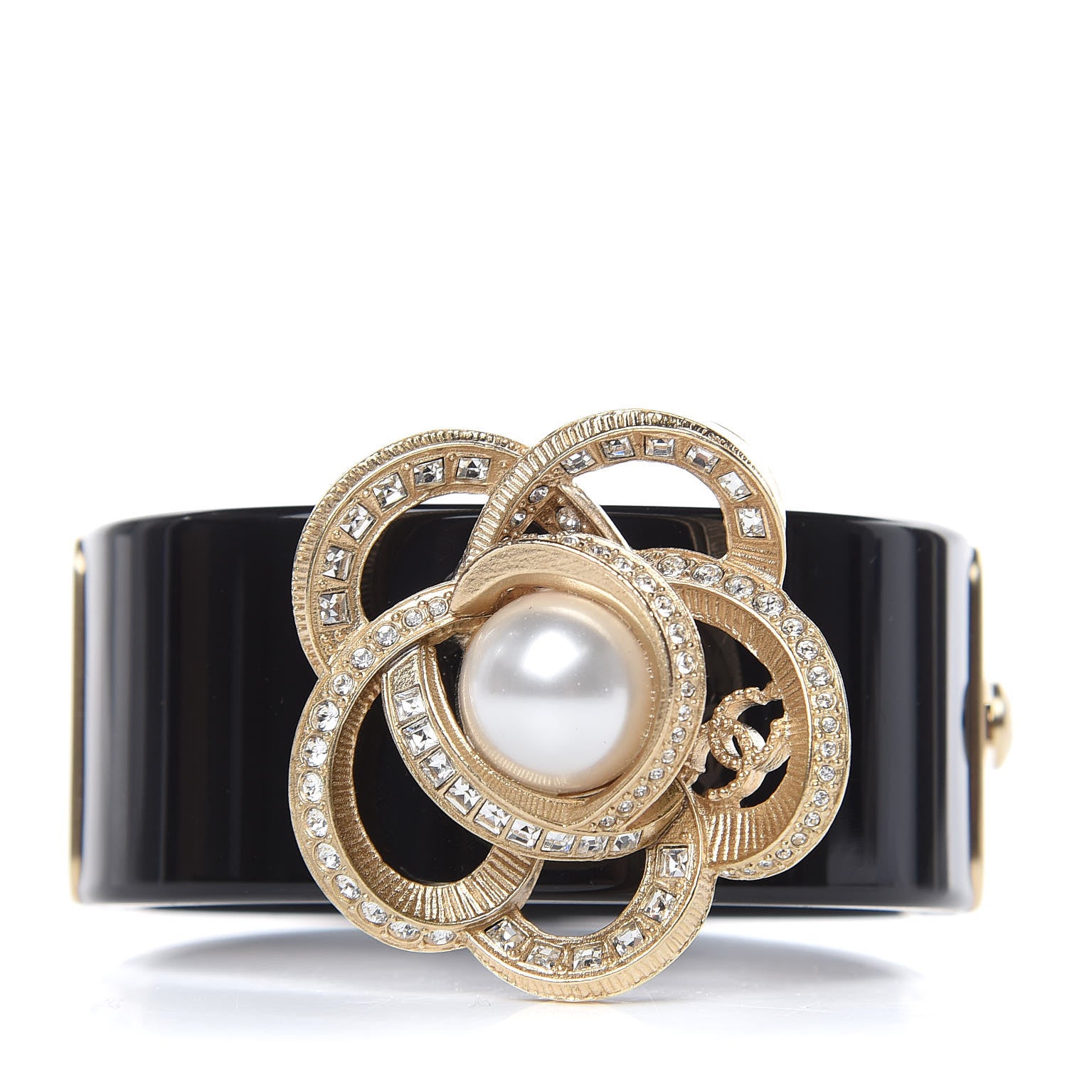Chanel Resin Crystal Pearl Camellia CC Cuff Black 1 of 5