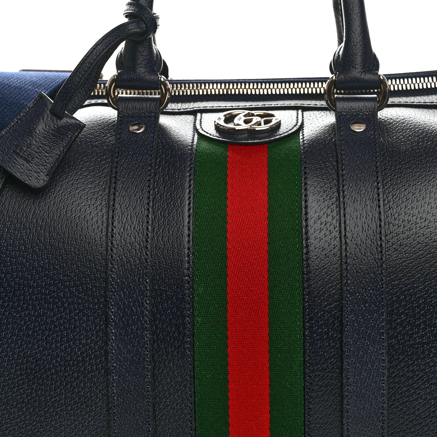 Gucci Textured Dollar Calfskin Web Medium Savoy Duffle Bag Blue 7 of 9