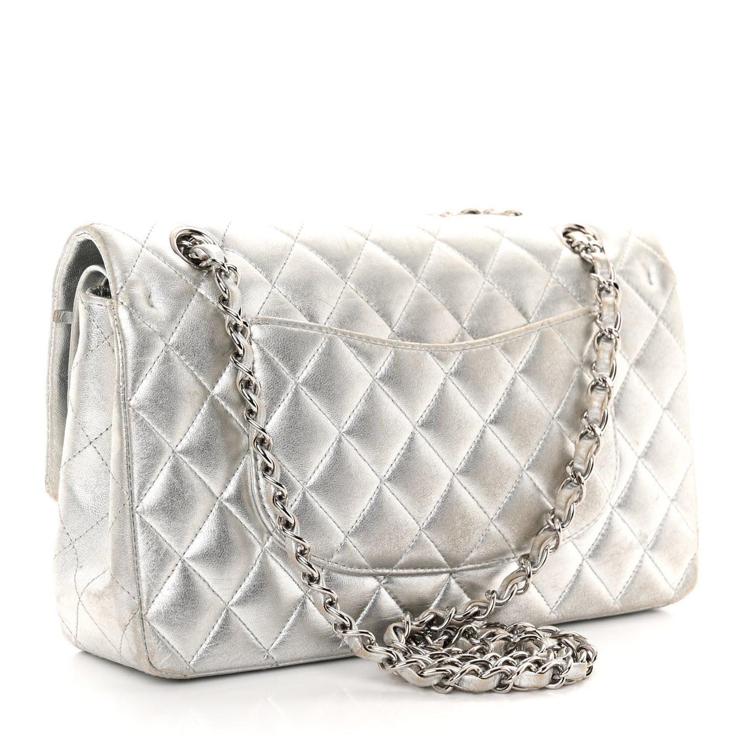 Metallic Lambskin Quilted Medium Double Flap Silver