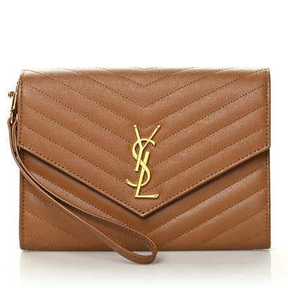 Saint Laurent Grain De Poudre Matelasse Chevron Monogram Cassandre Flap Pouch Natural Dark 1 of 8