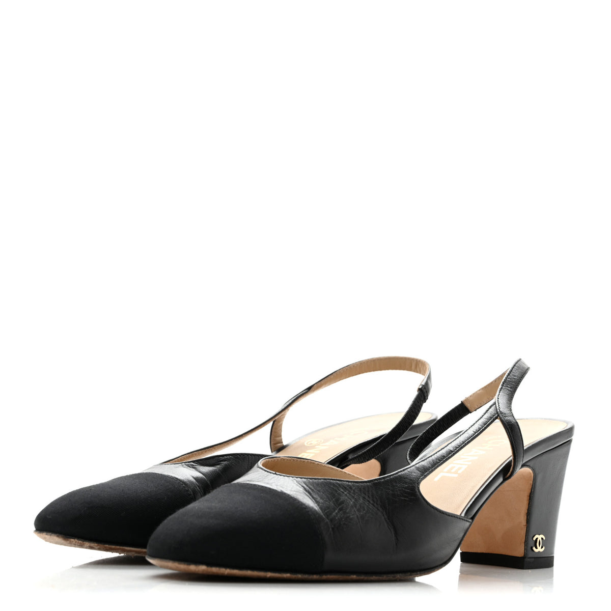 Goatskin Grosgrain Cap Toe CC Slingback Pumps 39.5 Black