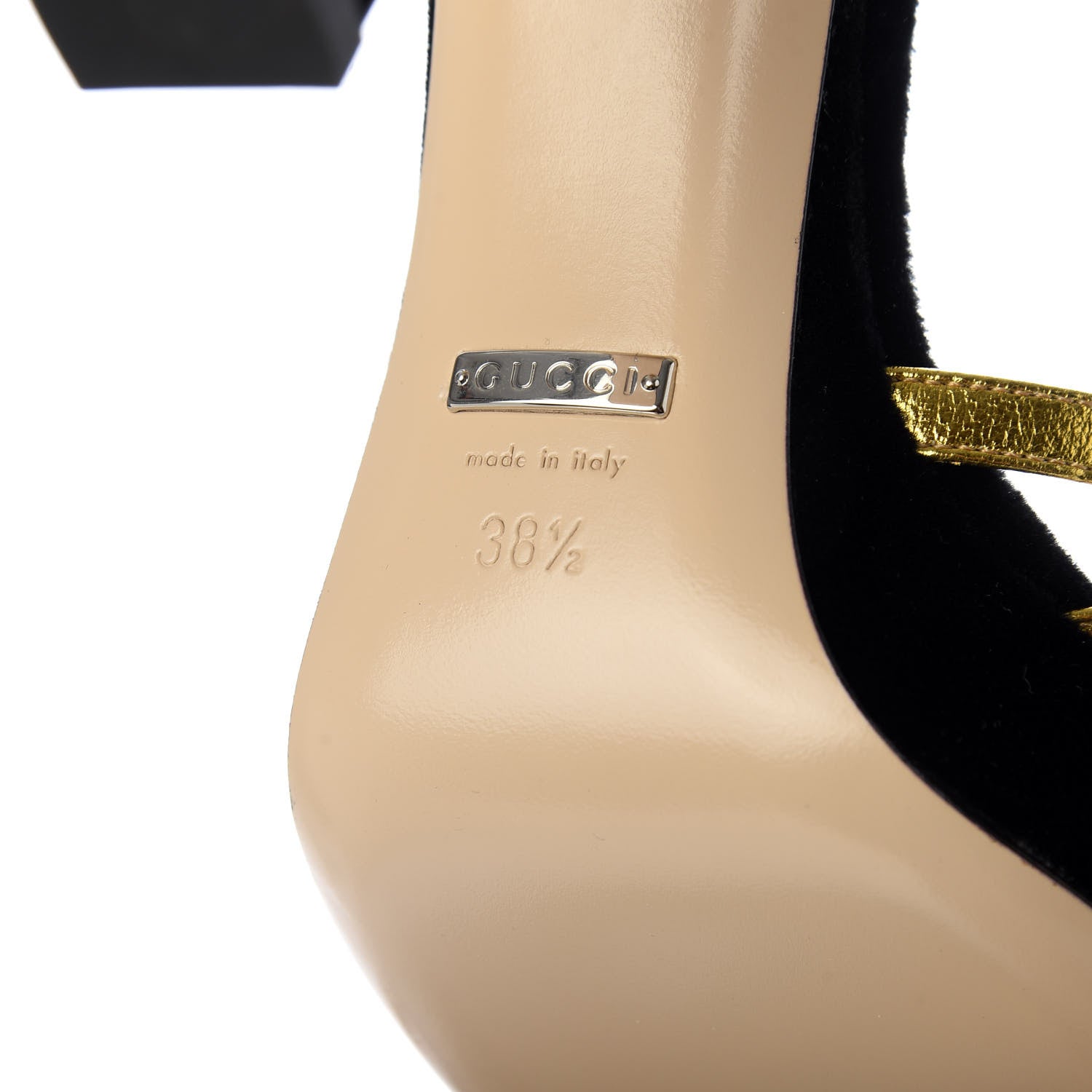 Gucci Velvet Nappa Crystal Zephyra Slingback Platform High Heel Sandals 38.5 Black Gold 6 of 8