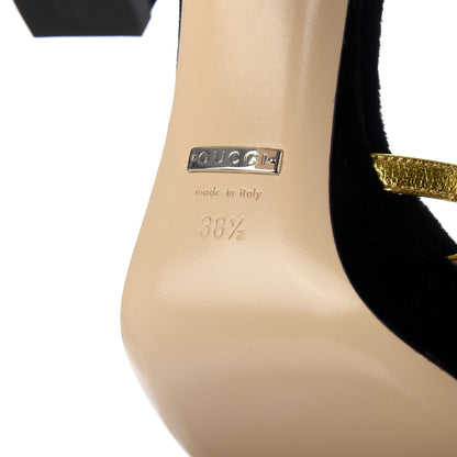 Gucci Velvet Nappa Crystal Zephyra Slingback Platform High Heel Sandals 38.5 Black Gold 6 of 8