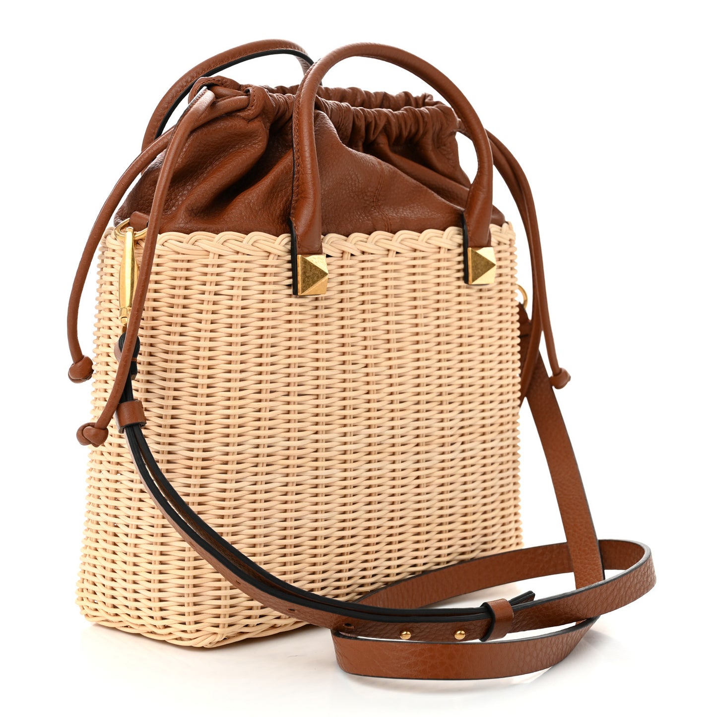 Wicker Vlogo Calfskin Top Handle Bag Natural Saddle Brown