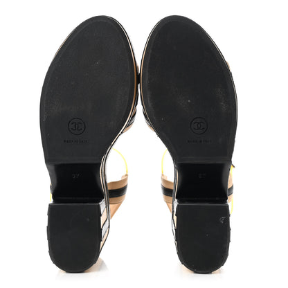 Chanel Lambskin Striped Wedge Sandals 37 Beige Black 5 of 9