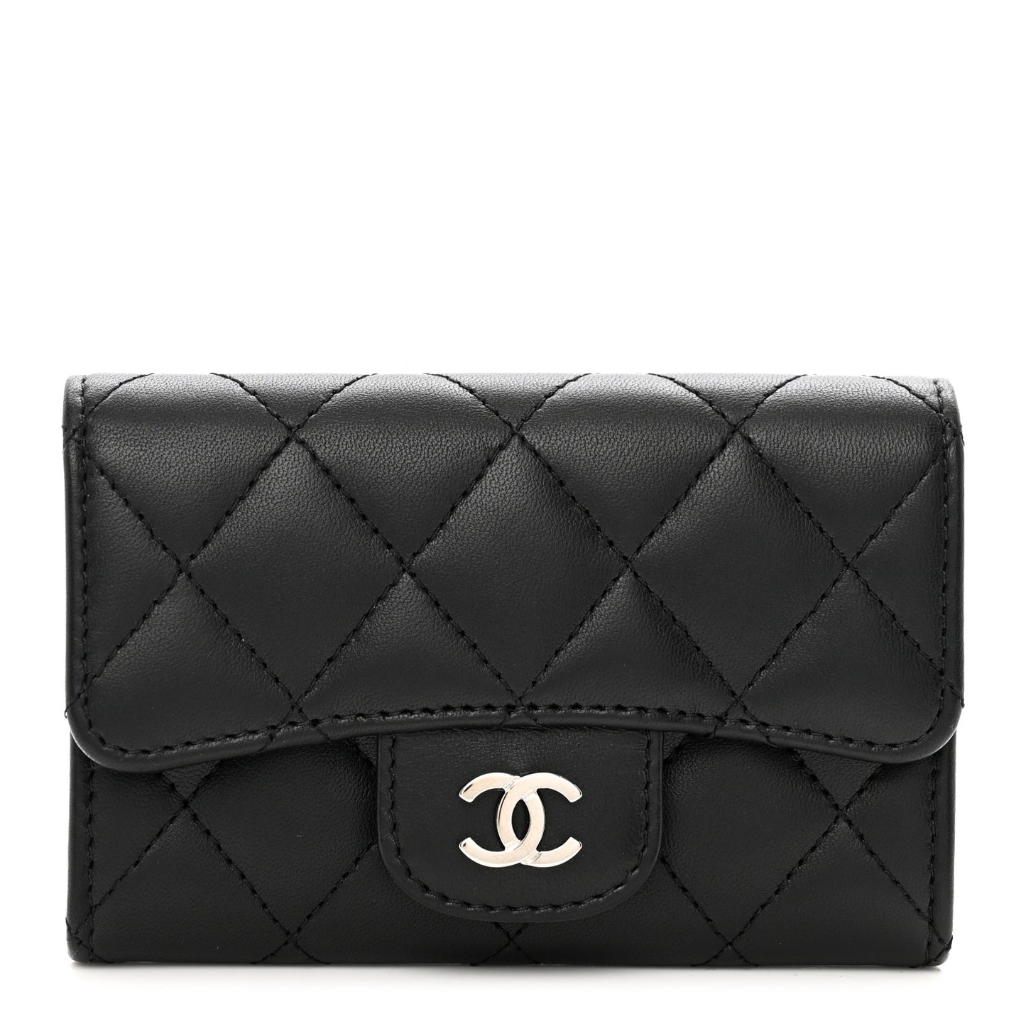 Lambskin Quilted Flap Card Holder Black