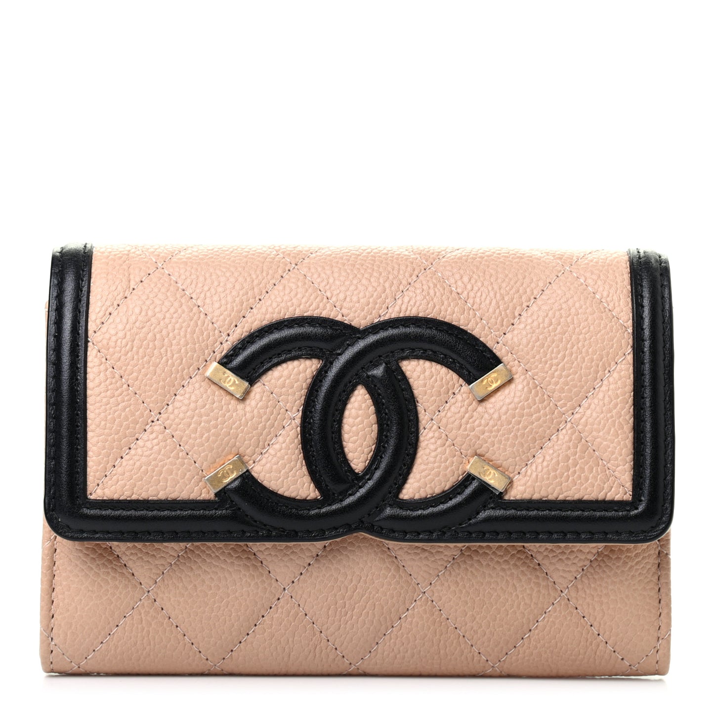 Caviar Quilted Medium Filigree Flap Wallet Beige Black