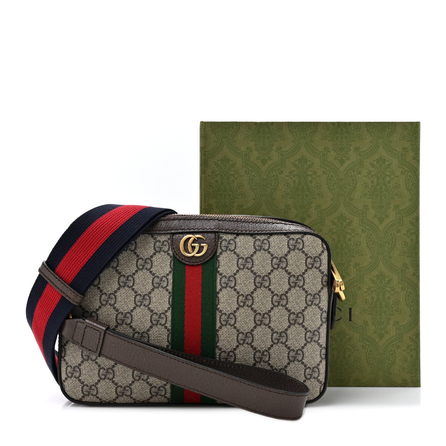 GG Supreme Monogram Textured Dollar Calfskin Web Ophidia Wristlet Shoulder Bag Beige Ebony New Acero