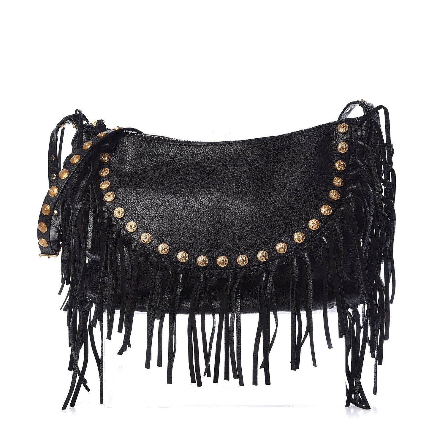Grained Calfskin C-Rockee Fringe Hobo Black