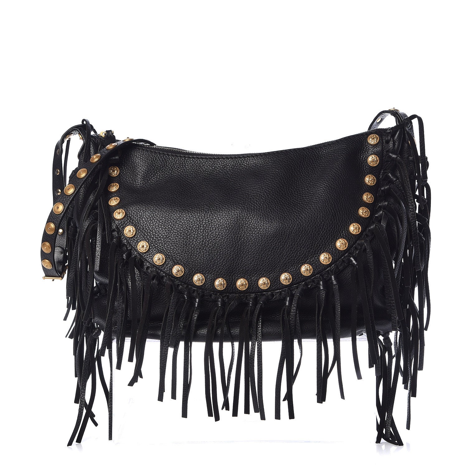 Valentino Garavani Grained Calfskin C-Rockee Fringe Hobo Black 1 of 19