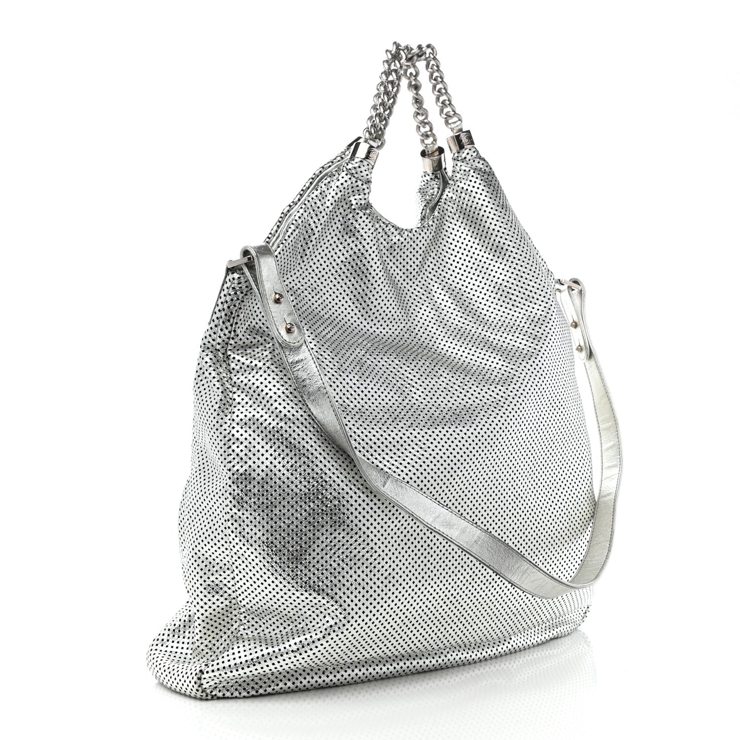 Metallic Glazed Calfskin Perforated Medium Rodeo Drive Tote Silver