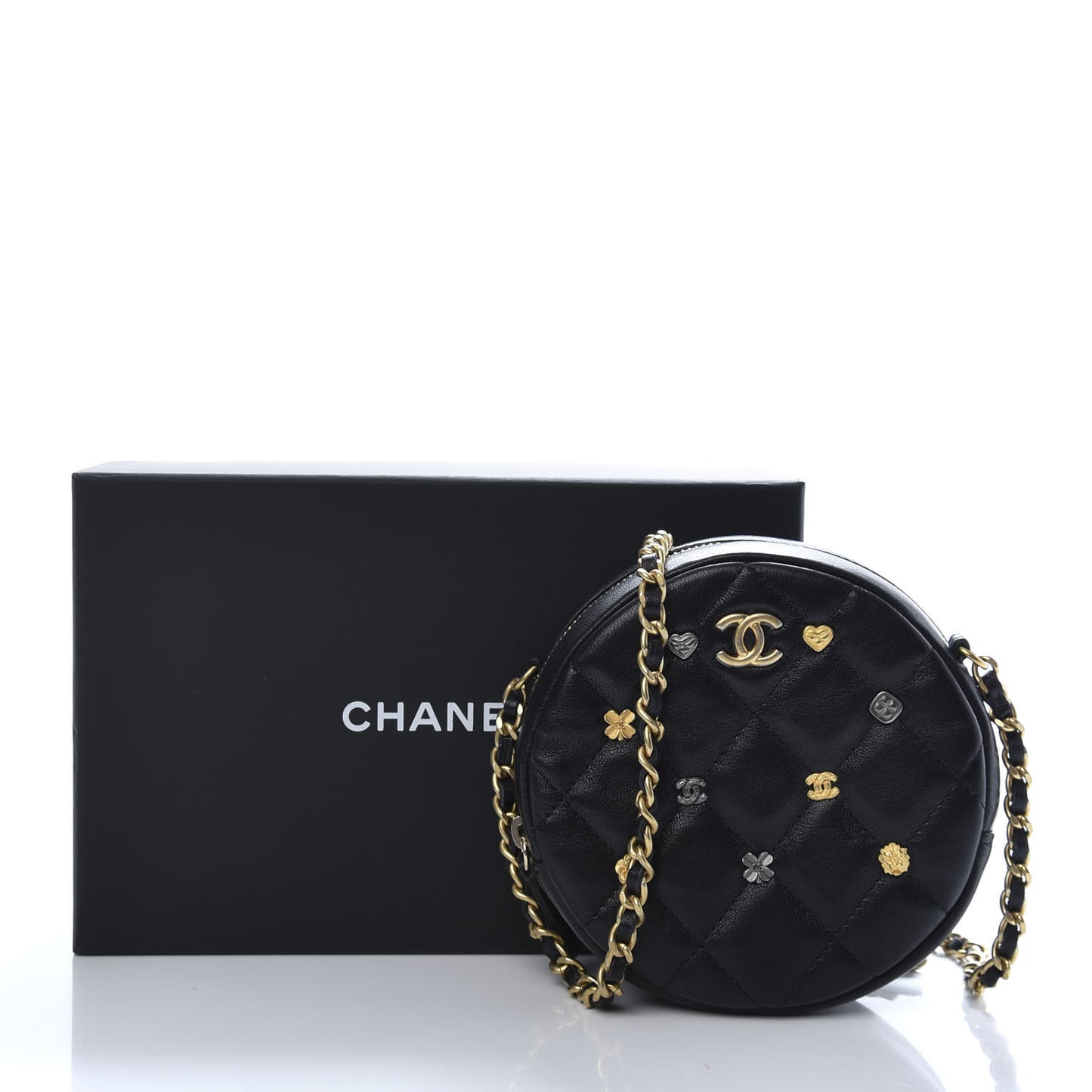 Lambskin Quilted Studded Round Clutch With Chain Black