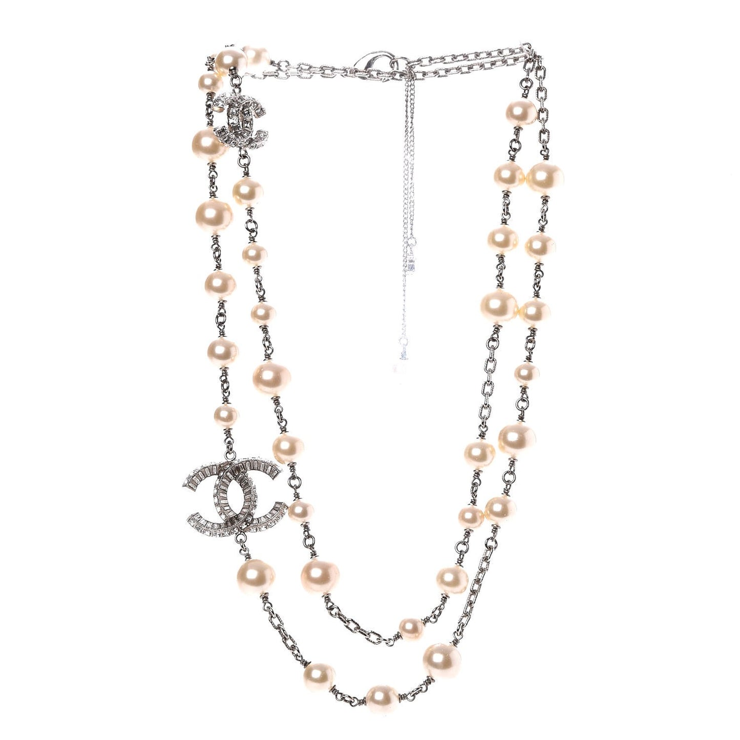 Pearl Baguette Crystal CC Long Necklace Silver