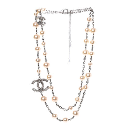 Chanel Pearl Baguette Crystal CC Long Necklace Silver 3 of 6