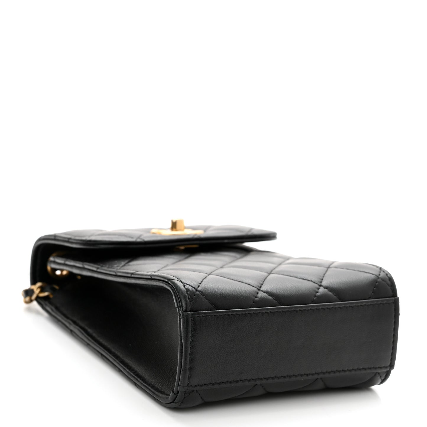 Lambskin Quilted Pearl Crush Phone Holder With Chain Black