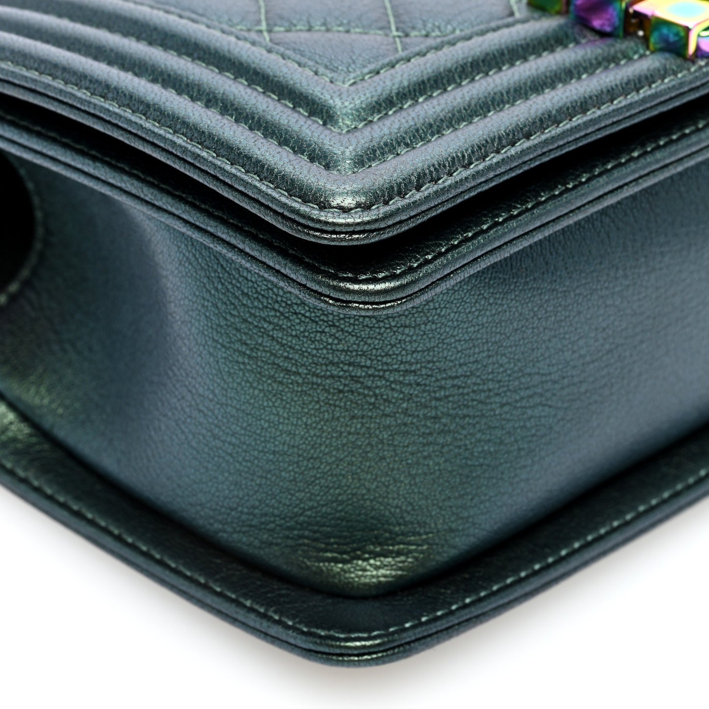 Iridescent Goatskin Quilted Small Boy Flap Green