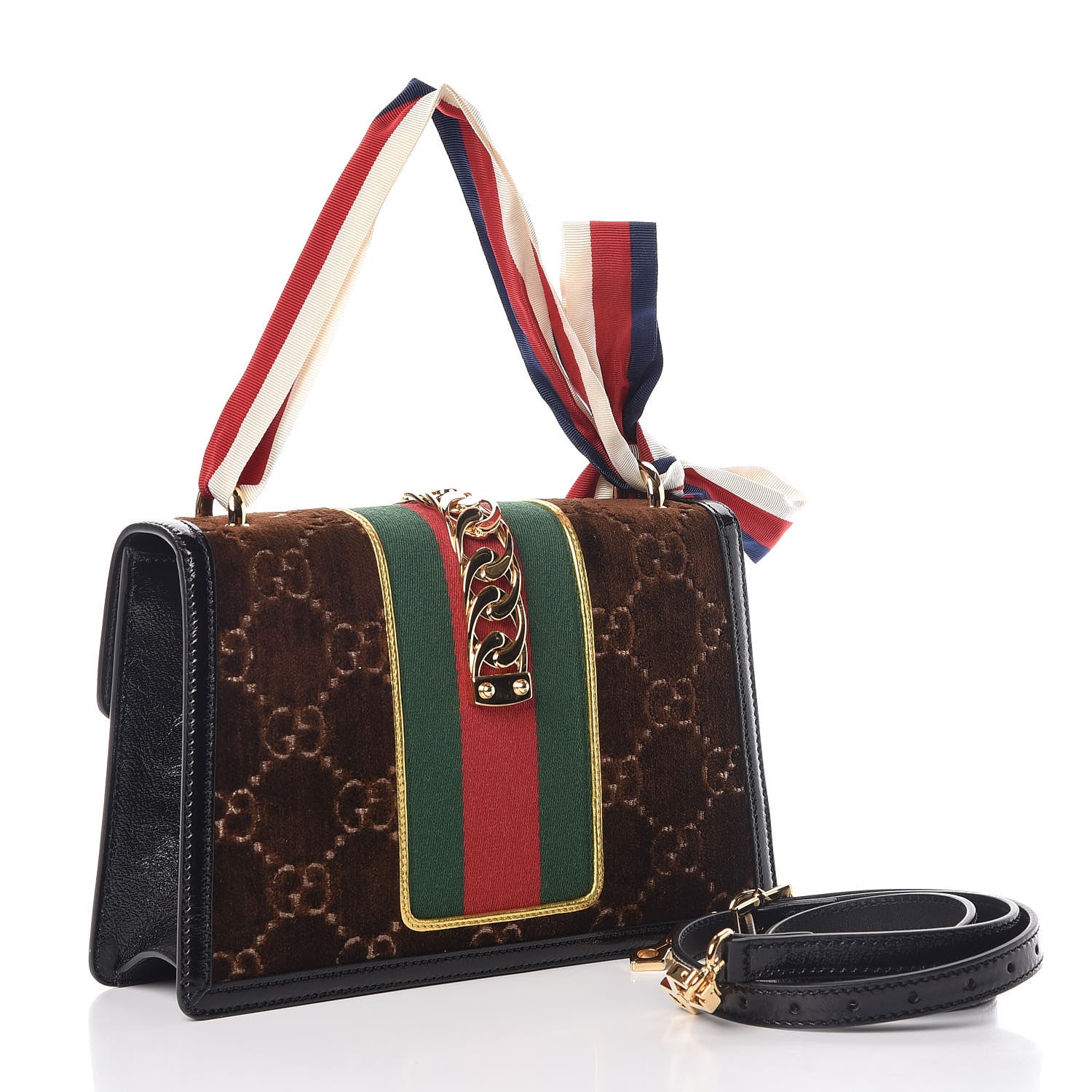 Gucci Velvet GG Monogram Web Small Sylvie Shoulder Bag Brown Black Oro Vecchio 4 of 13