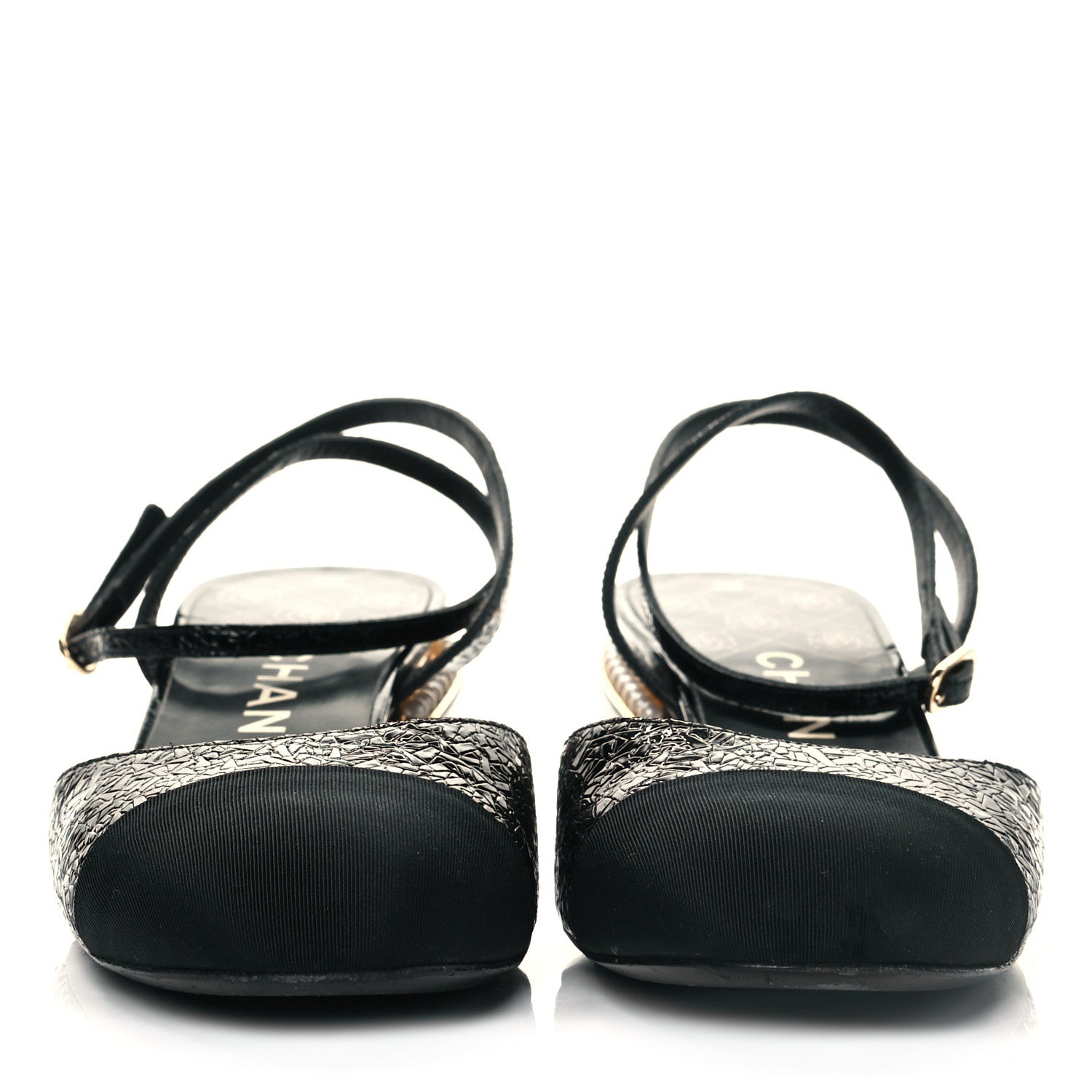 Chanel Patent Embossed Grosgrain Cap Toe Pearl Slingbacks 38.5 Black 2 of 8