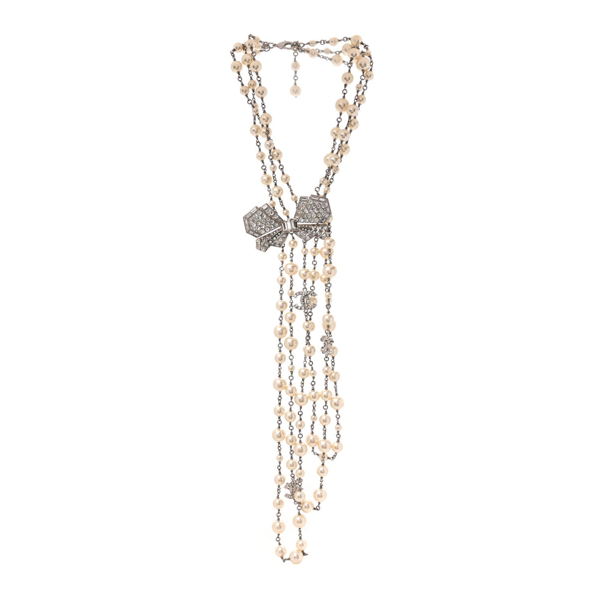 Chanel Crystal Pearl CC Butterfly Necklace Silver 3 of 4