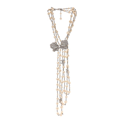 Chanel Crystal Pearl CC Butterfly Necklace Silver 3 of 4