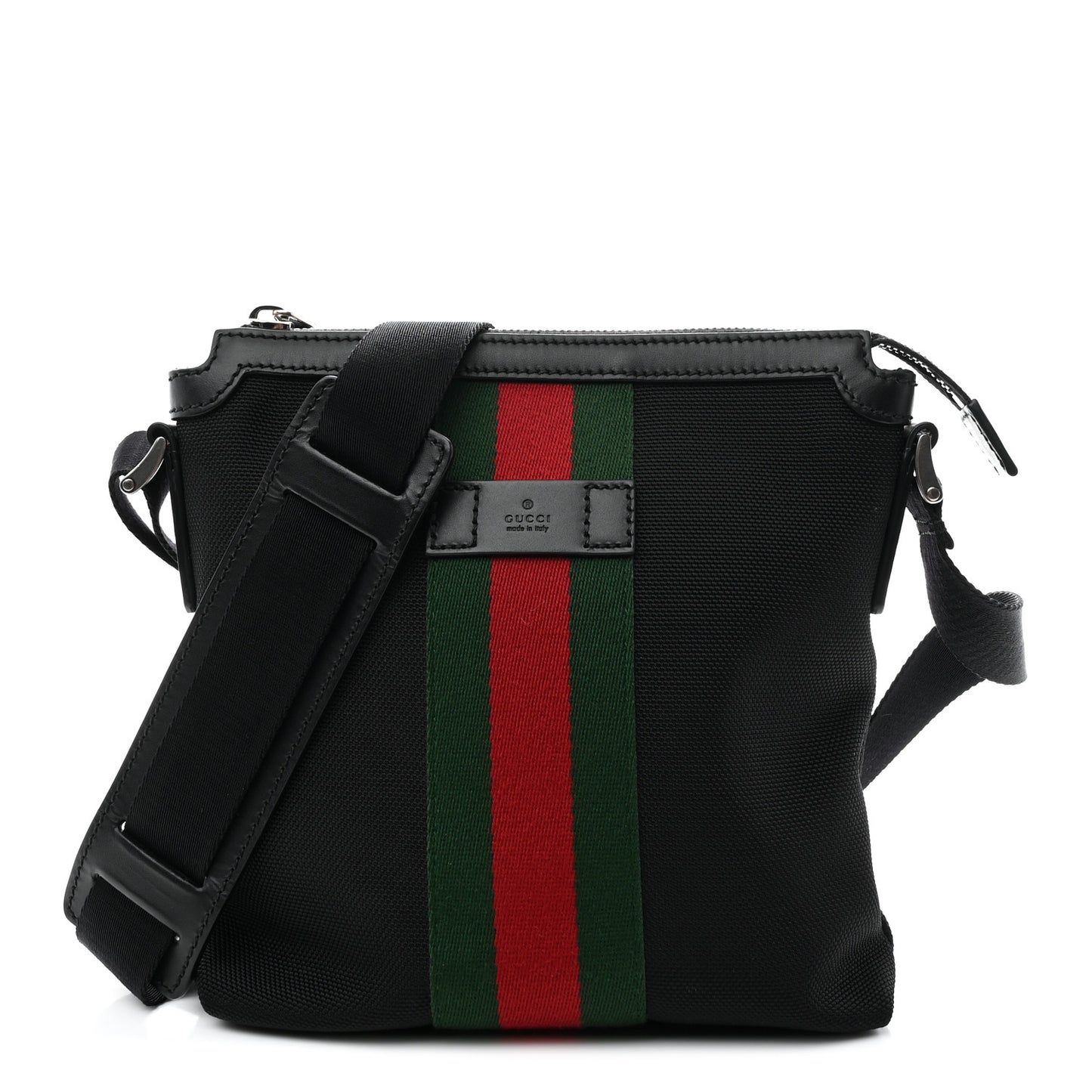 Techno Canvas Selleria Calfskin Web Small Flat Messenger Bag Black