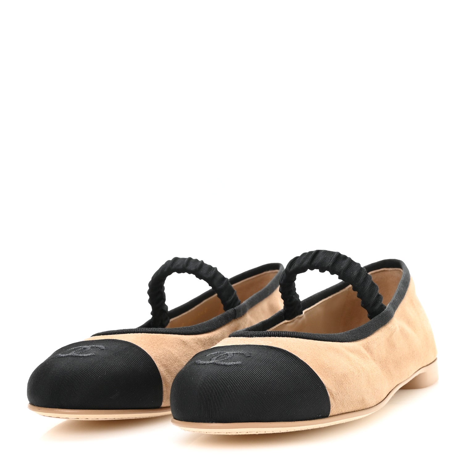 Chanel Suede Kidskin Grosgrain Mary Jane Flats 38 Beige Black 4 of 9
