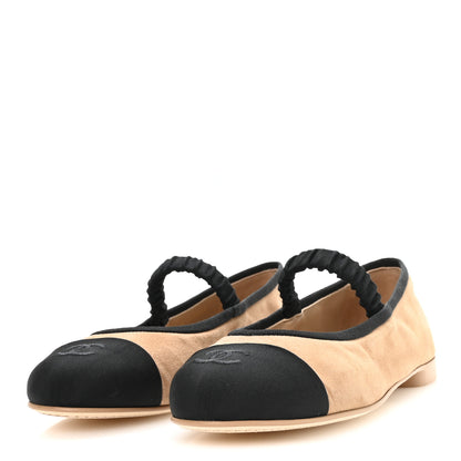 Chanel Suede Kidskin Grosgrain Mary Jane Flats 38 Beige Black 4 of 9