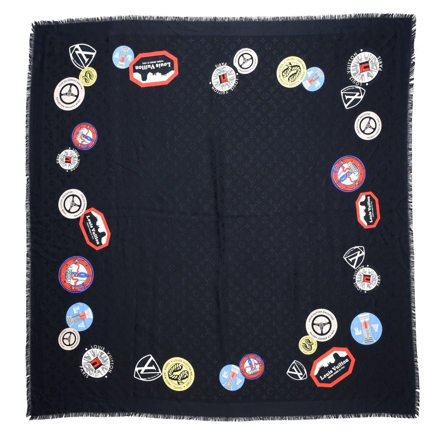 Silk Wool Monogram World Tour Shawl Black