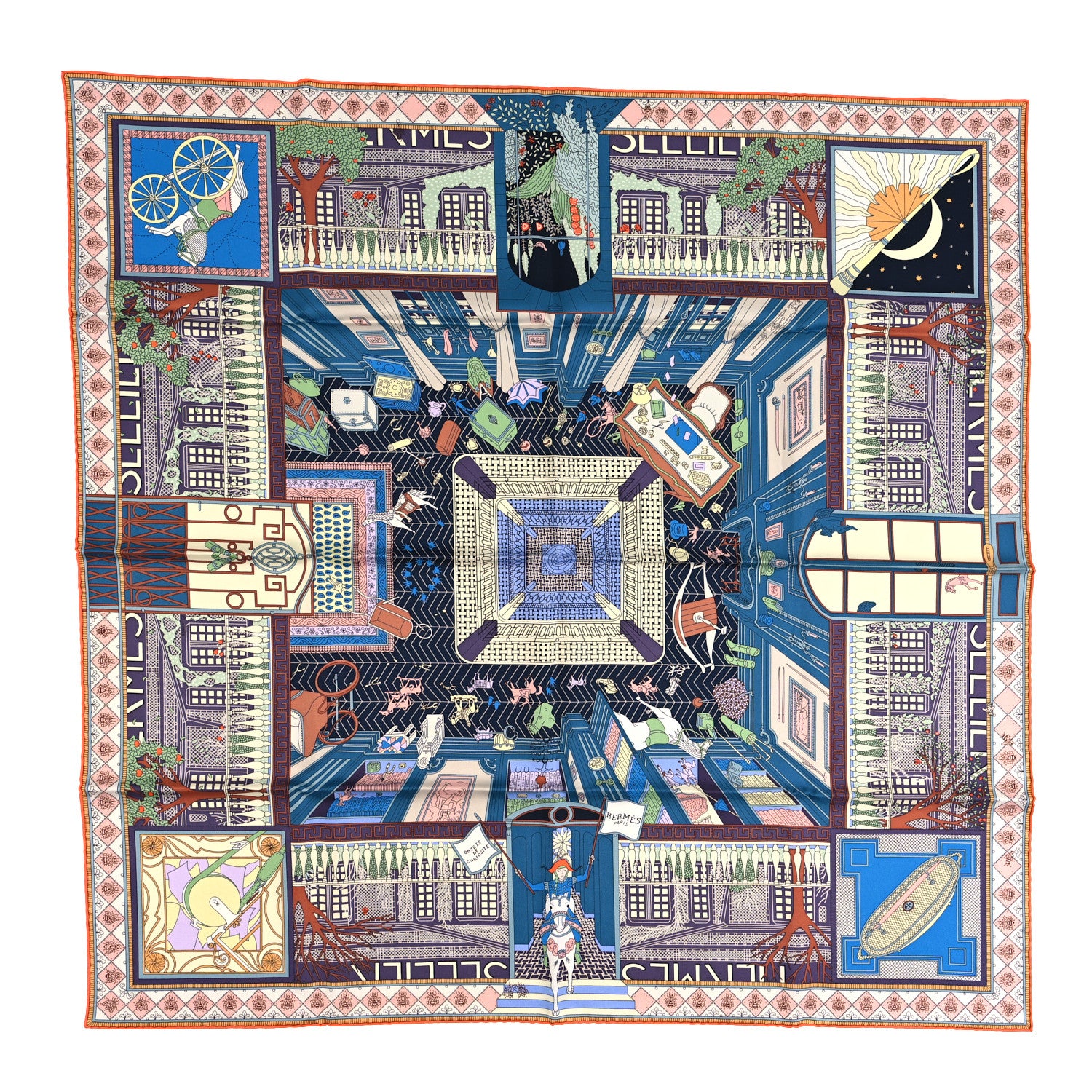 Hermes Silk Objets De Curiosite Scarf 90 Bleu Vert Rose 1 of 4