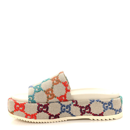 Gucci Linen Psychedelic Mini GG Monogram Angelina Platform 55mm Slide Sandals 39 Multicolor 1 of 11