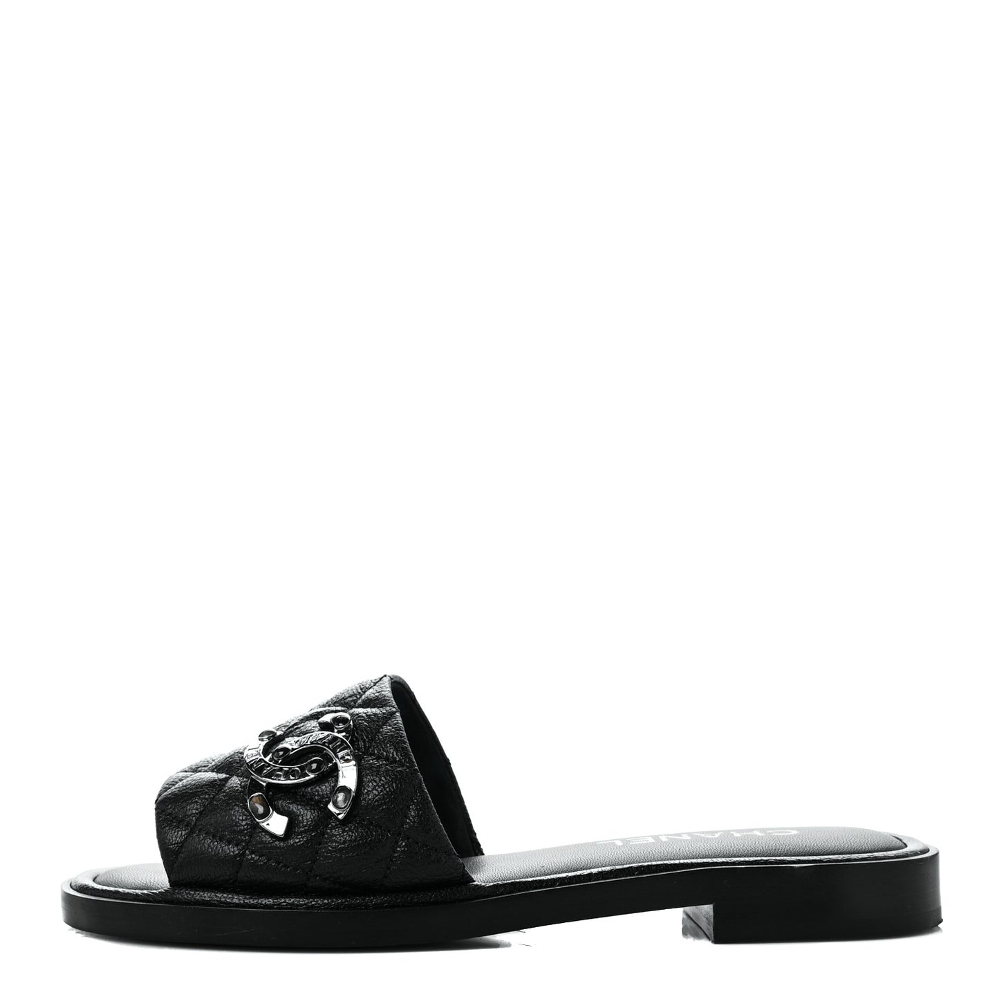 Shiny Goatskin Quilted CC Mules Sandals 36 Black