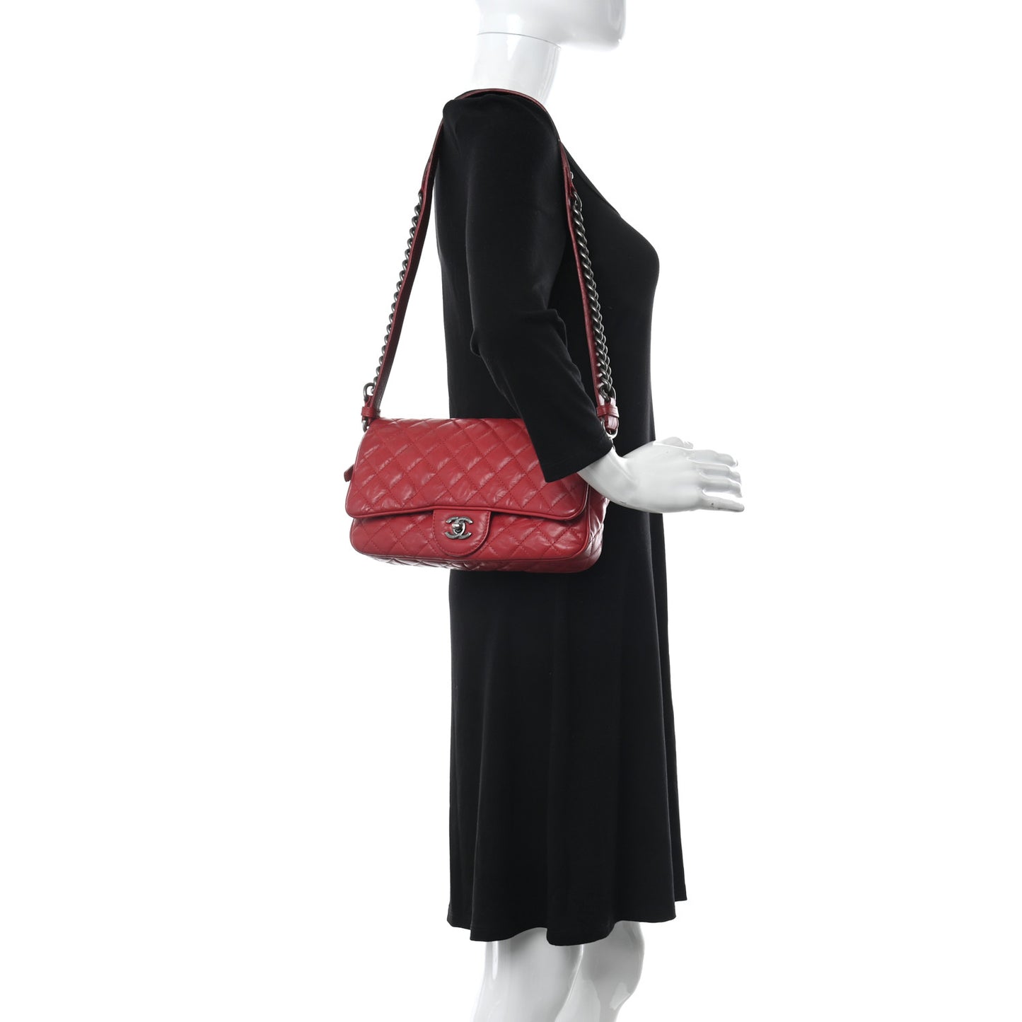 Crumpled Calfskin Quilted Small Casual Rock Flap Red