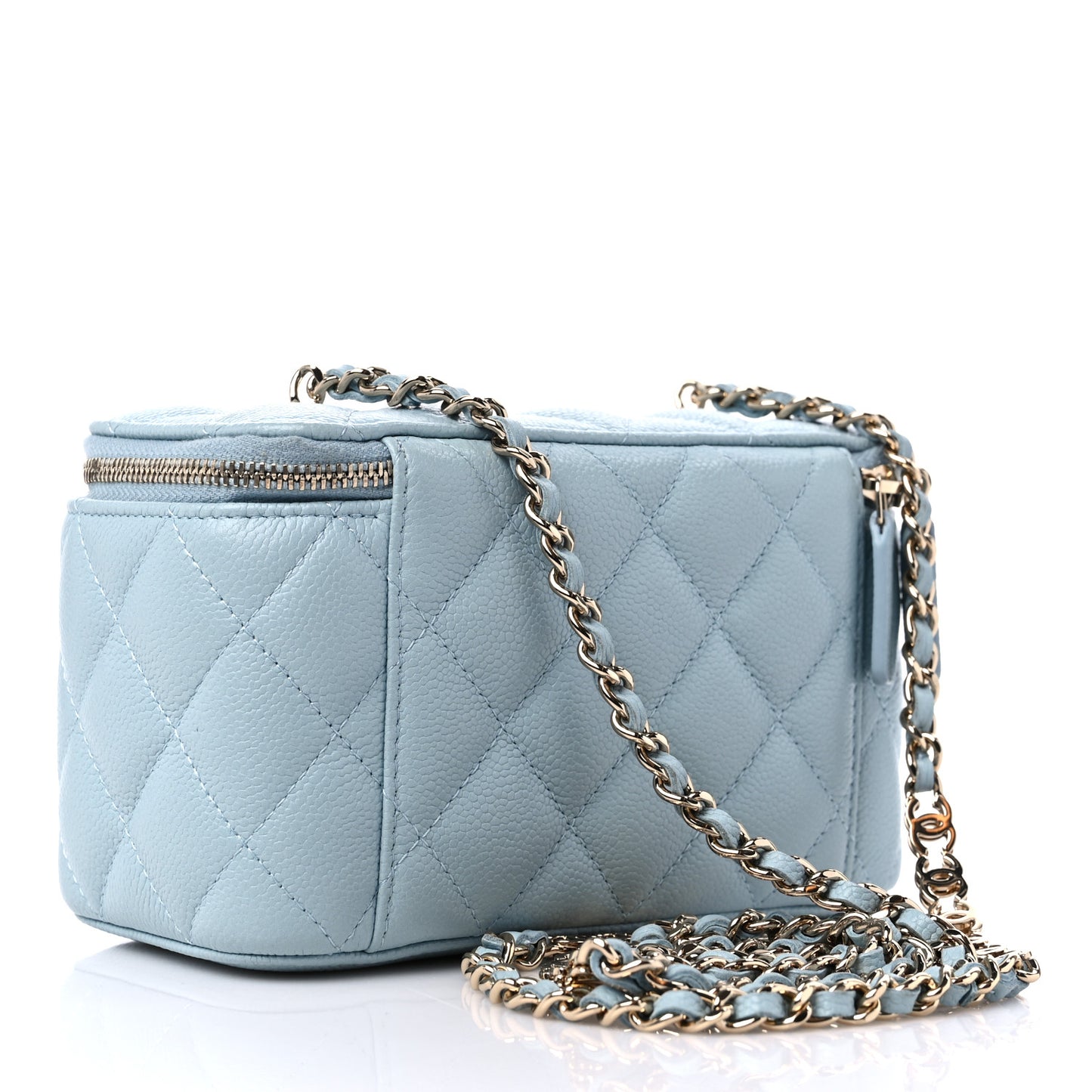 Caviar Quilted Small Tiny CC Vanity Case With Chain Light Blue