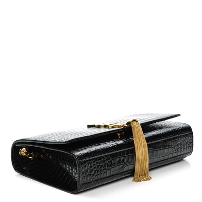 Saint Laurent Calfskin Crocodile Embossed Medium Classic Monogram Kate Tassel Satchel Black 4 of 8