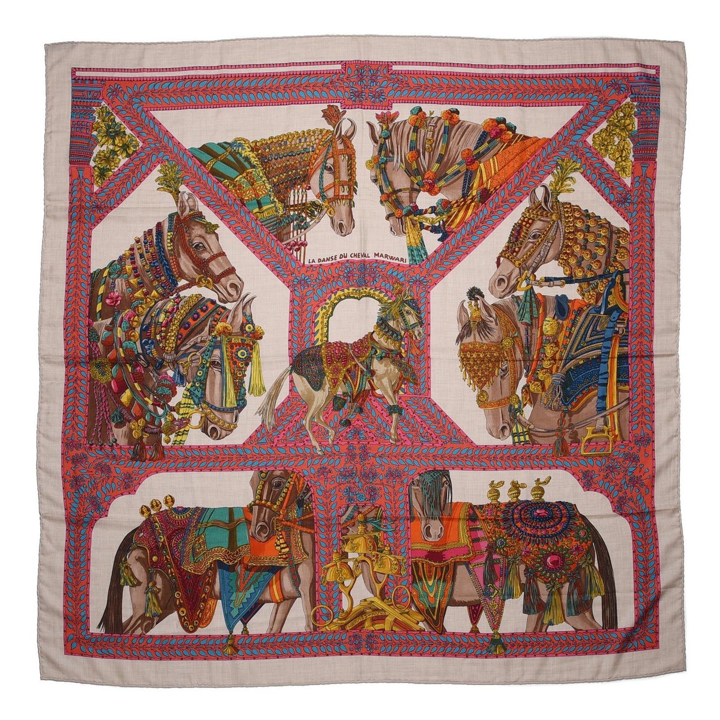 Cashmere Silk La Danse Du Cheval Shawl 140 Naturel Rose Vert