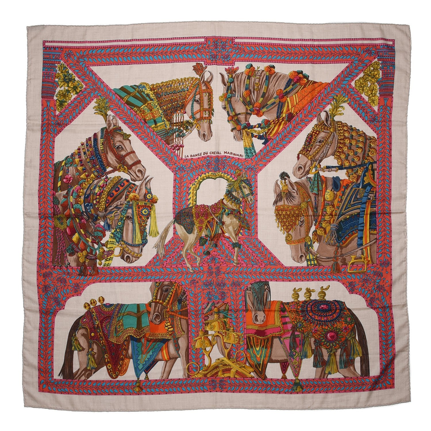 Hermes Cashmere Silk La Danse Du Cheval Shawl 140 Naturel Rose Vert 1 of 4