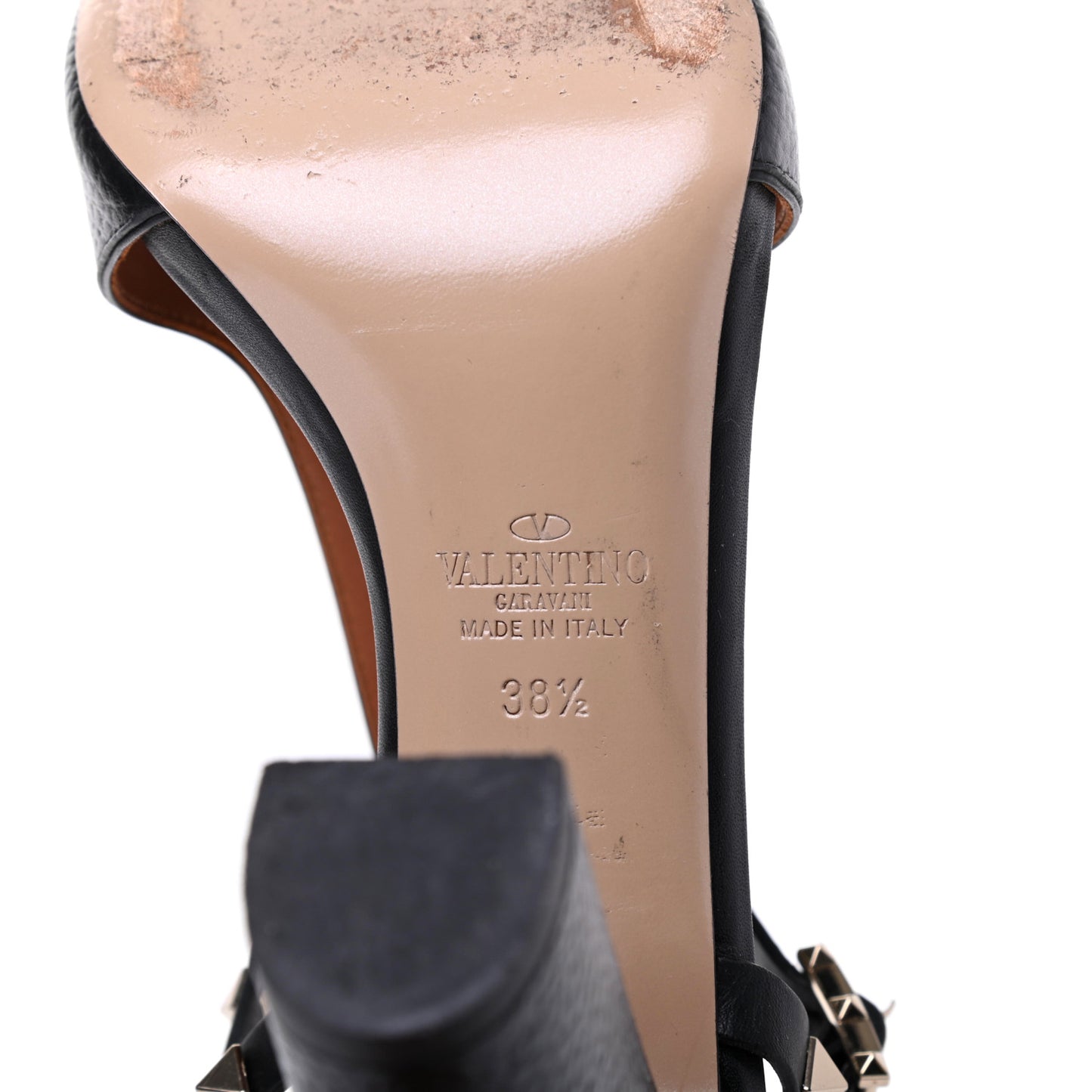 Grained Calfskin Rockstud Ankle Strap 5/105mm Sandals 38.5 Black