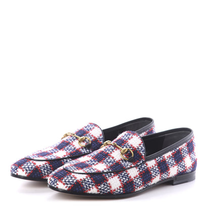 Gucci Vintage Tweed Check Horsebit Womens Jordaan Loafers 38.5 White Hibiscus Red Marine 3 of 7