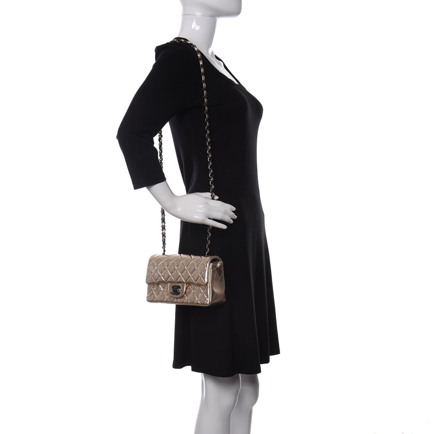Metallic Lambskin Quilted Mini Rectangular Flap Gold Black