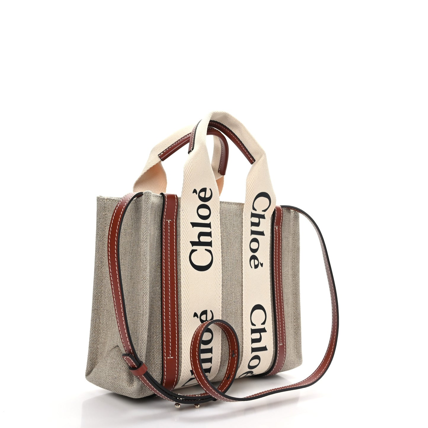 Linen Calfskin Small Woody Ribbon Tote With Strap White Brown