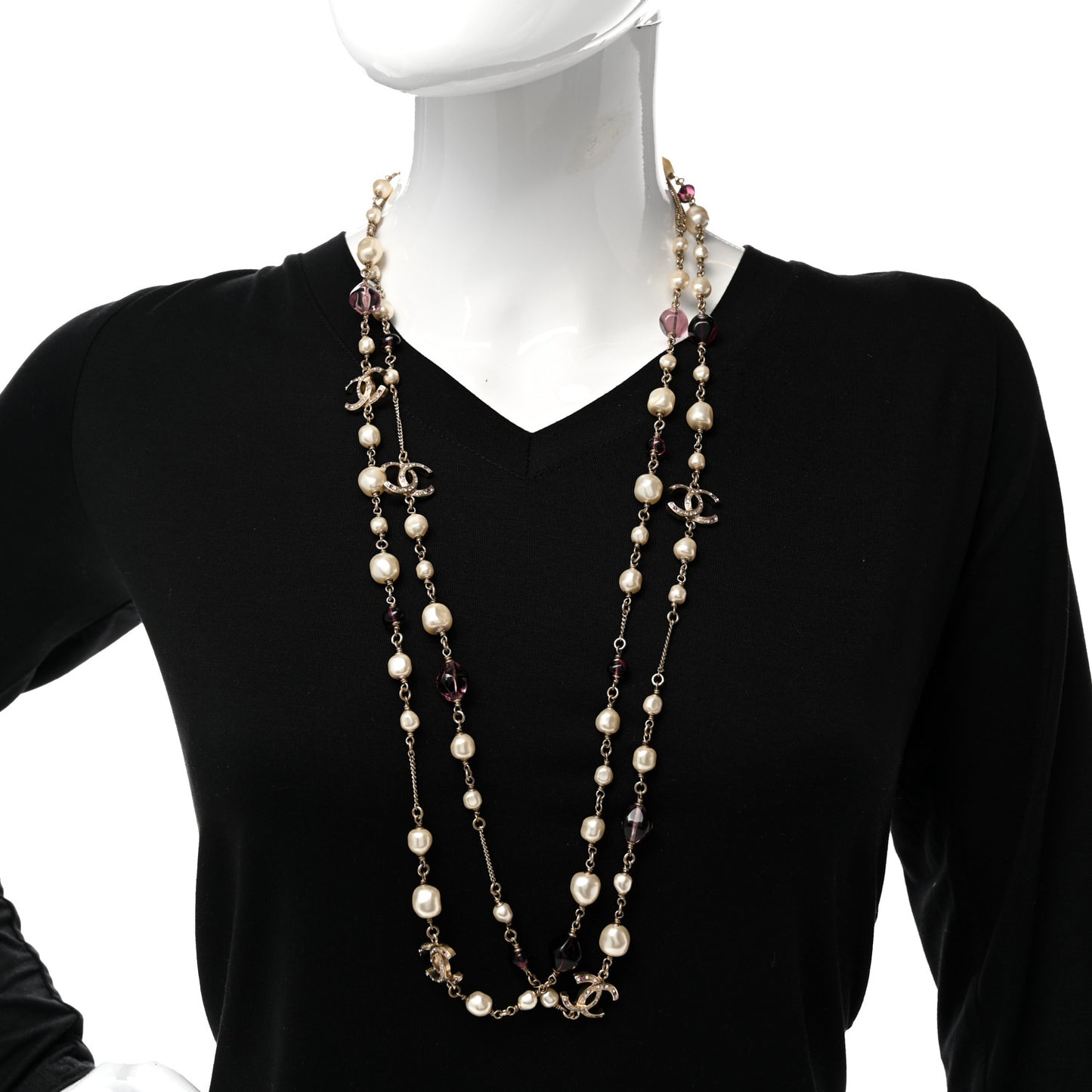 Beaded Pearl Crystal CC Long Strand Necklace Gold Purple