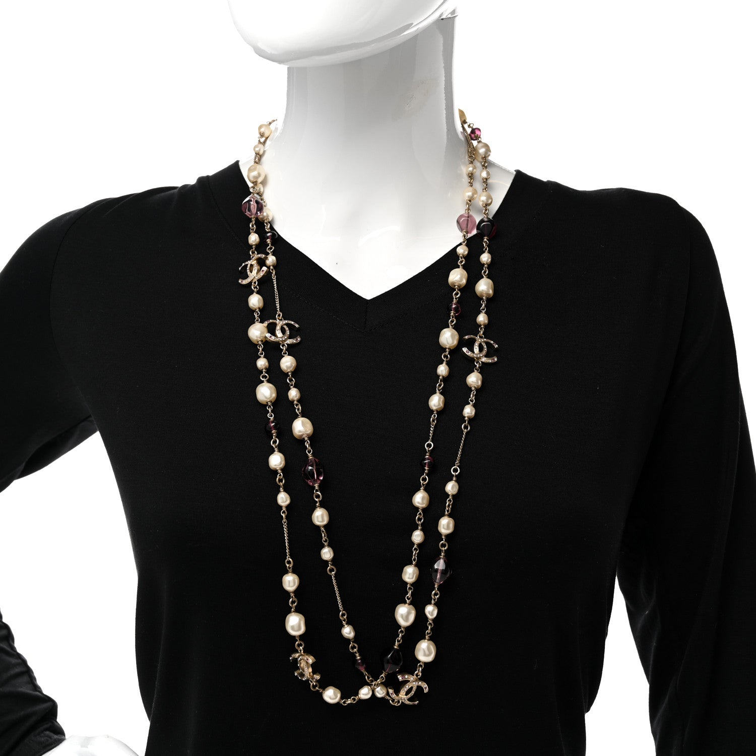 Chanel Beaded Pearl Crystal CC Long Strand Necklace Gold Purple 2 of 6