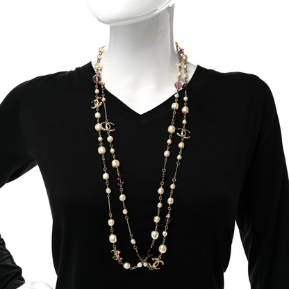 Chanel Beaded Pearl Crystal CC Long Strand Necklace Gold Purple 2 of 6
