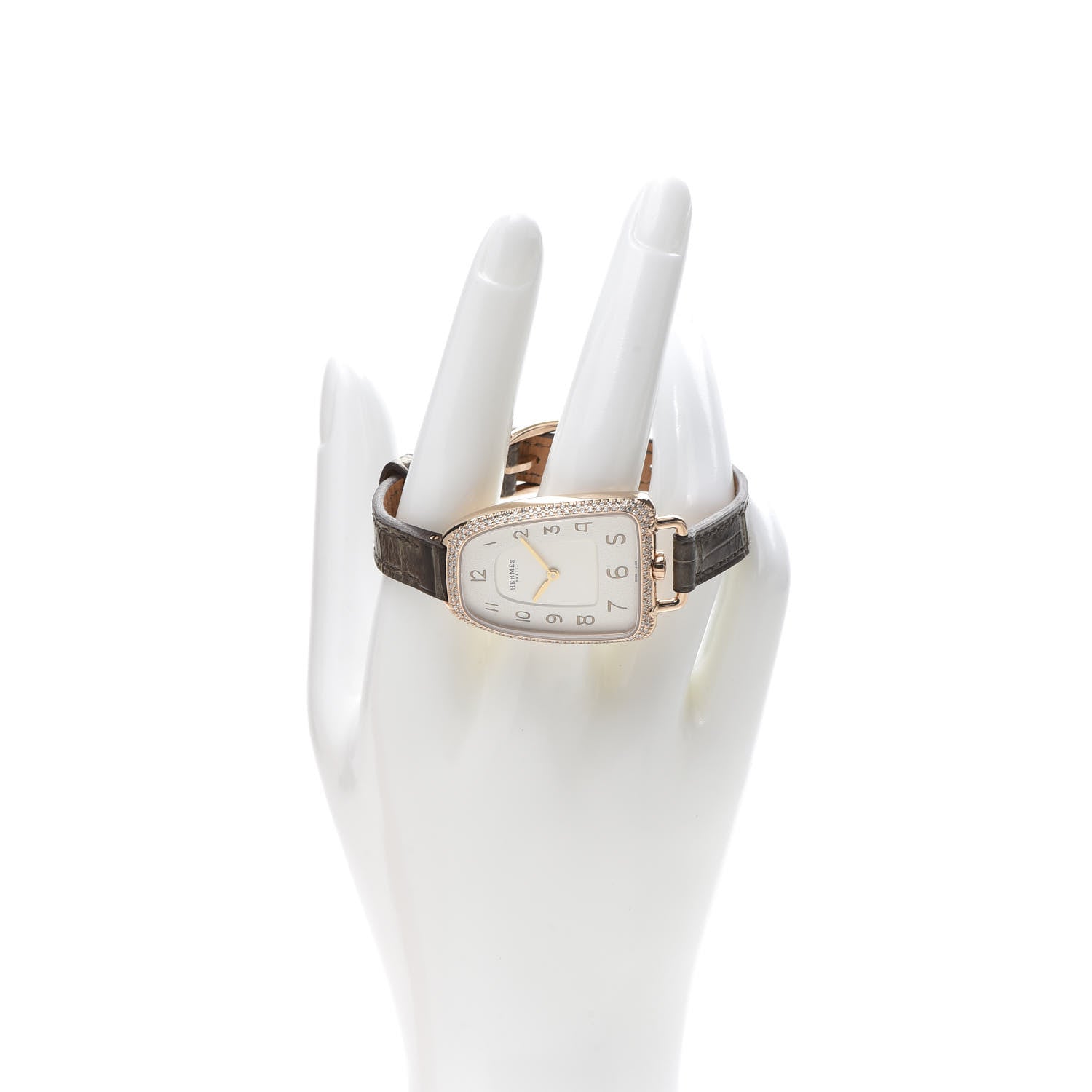Hermes 18K Rose Gold Alligator Diamond Bezel 26mm Galop Quartz Watch Gris Elephant 2 of 7