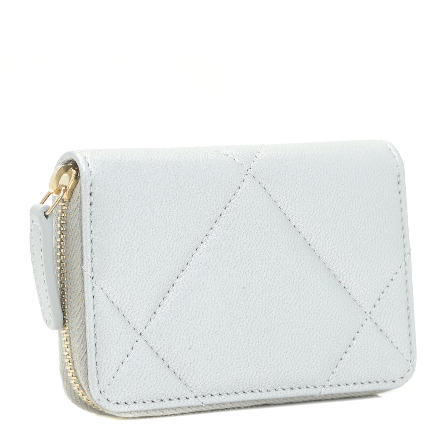 Metallic Lambskin Quilted 19 Zip Around Coin Purse Wallet Silver