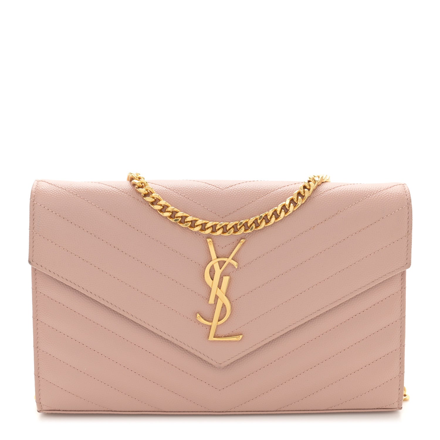 Saint Laurent Grain De Poudre Matelasse Chevron Monogram Chain Wallet Pale Blush 1 of 12