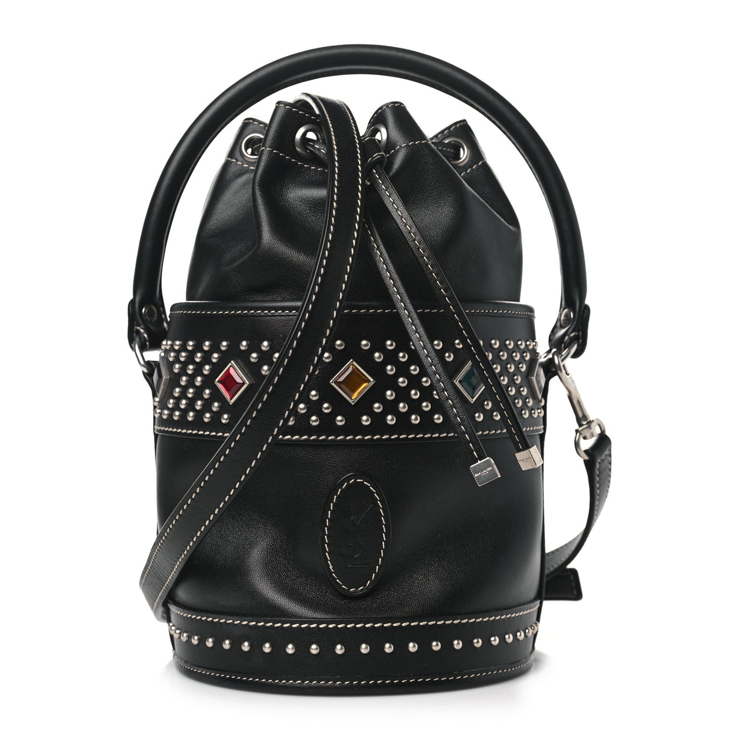 Smooth Calfskin Studded Small Bahia Drawstring Bucket Bag Black Multicolor