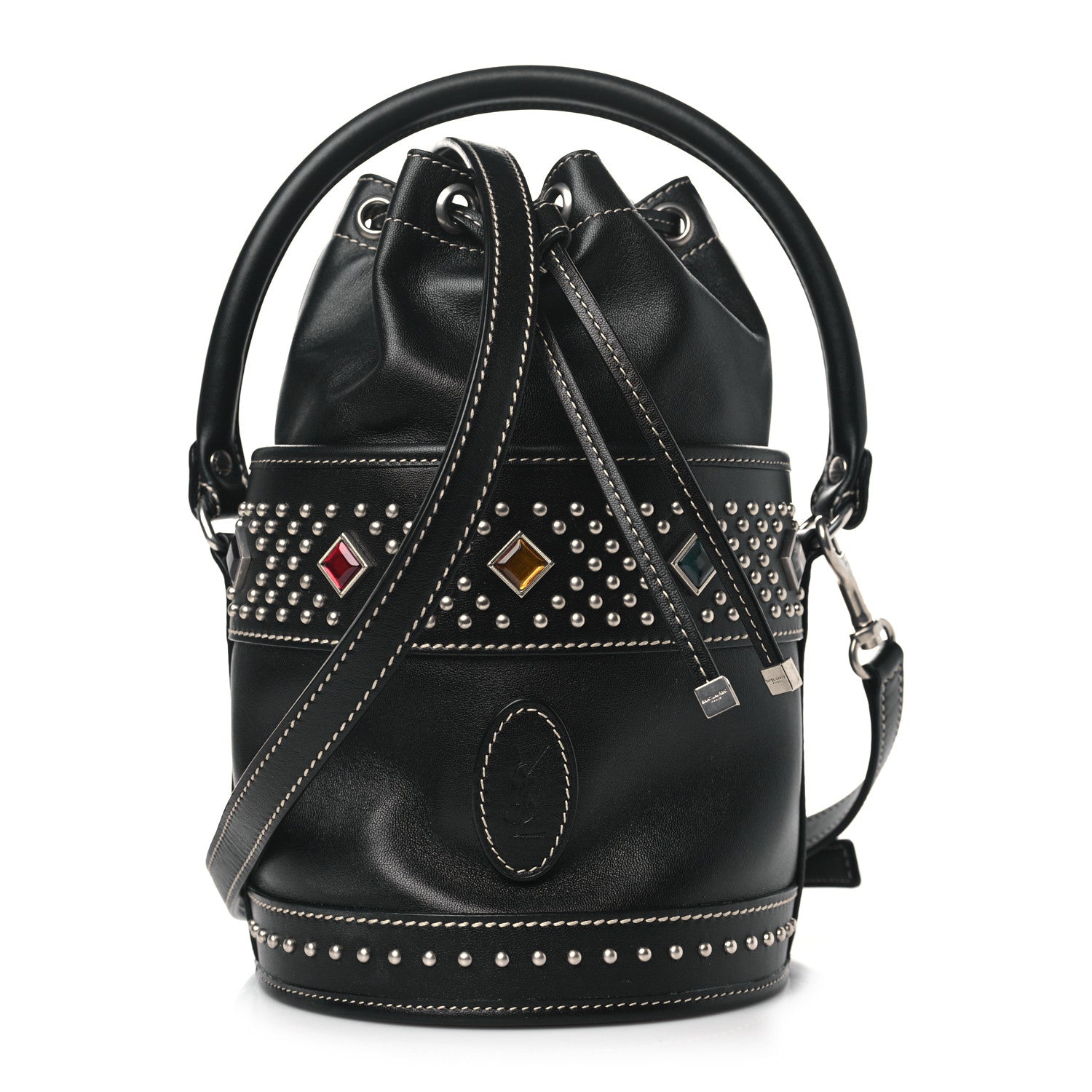 Saint Laurent Smooth Calfskin Studded Small Bahia Drawstring Bucket Bag Black Multicolor 1 of 9
